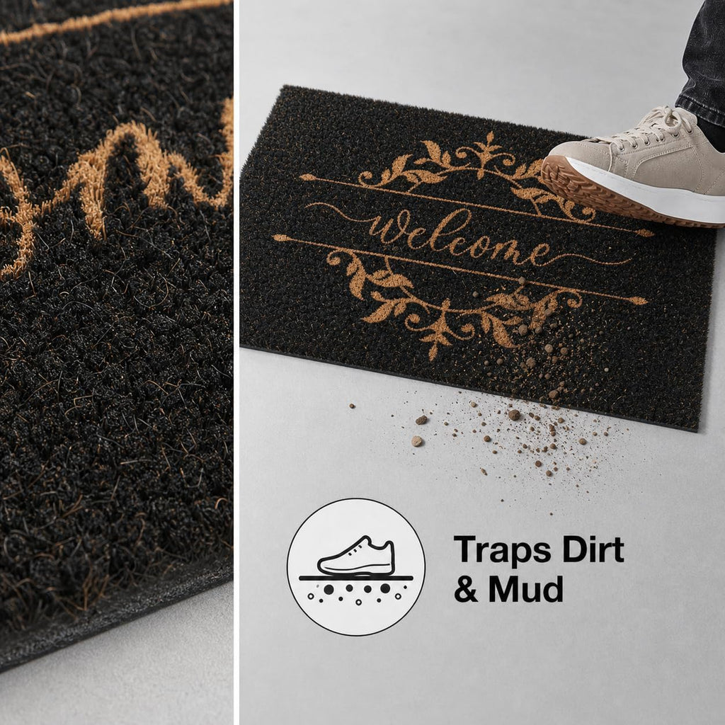 Black Luxury Leaf Coco Coir Door Mat