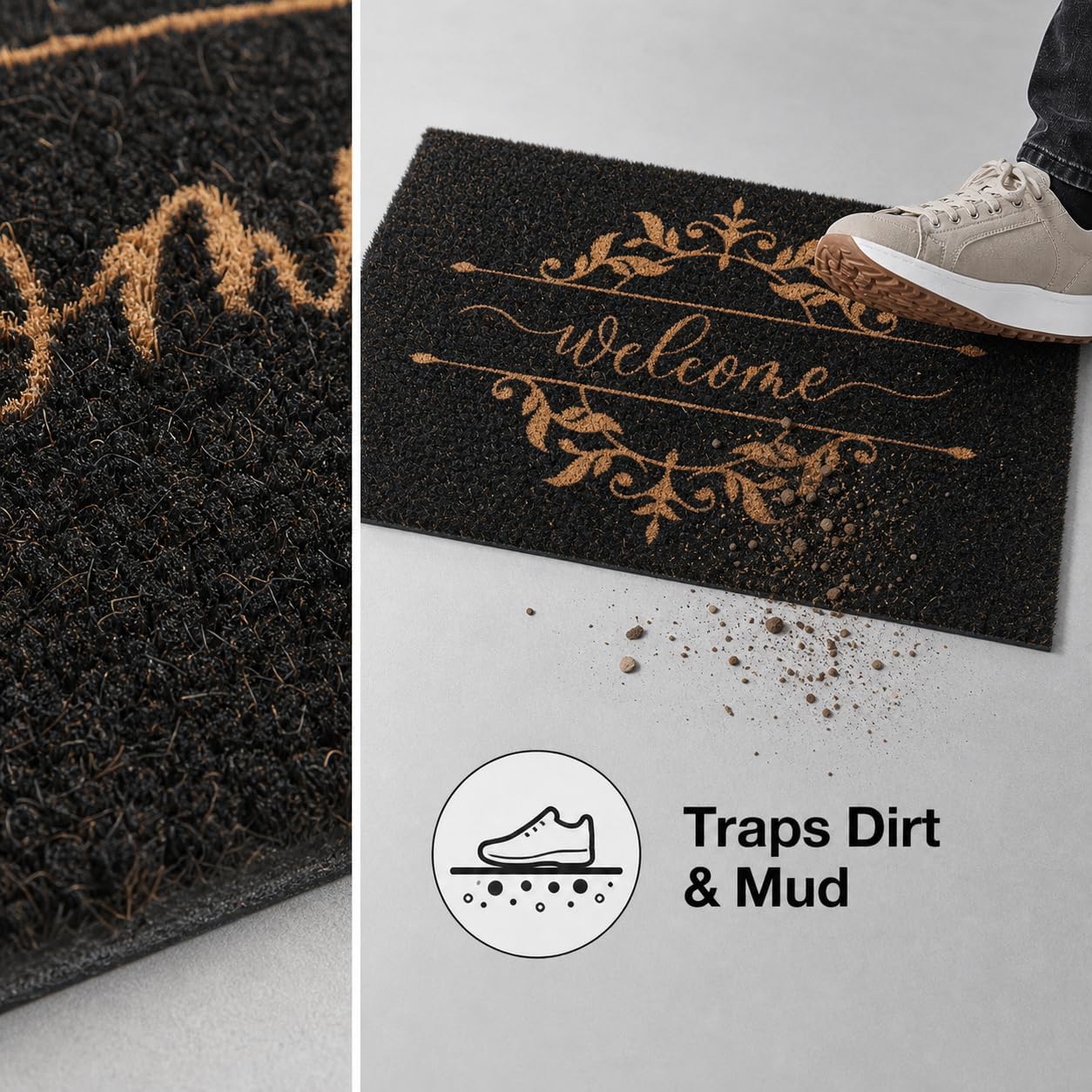 Black Luxury Leaf Coco Coir Door Mat