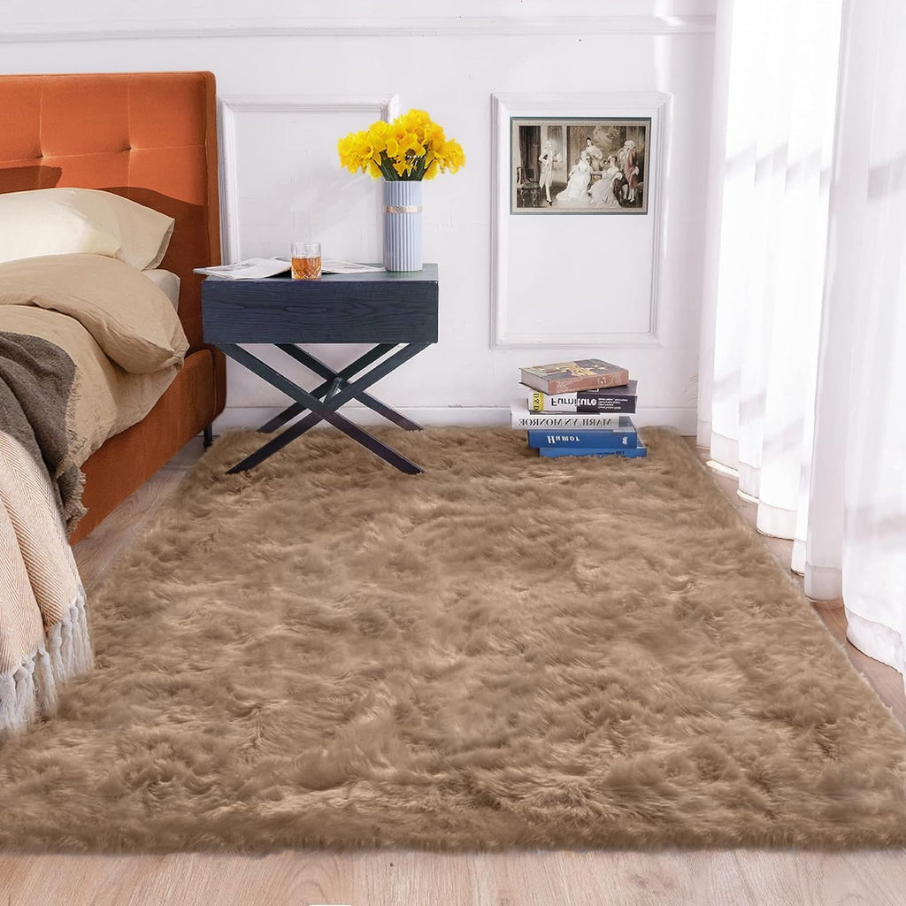 5x7 Washable Beige Faux Sheepskin Fluffy Area Rug