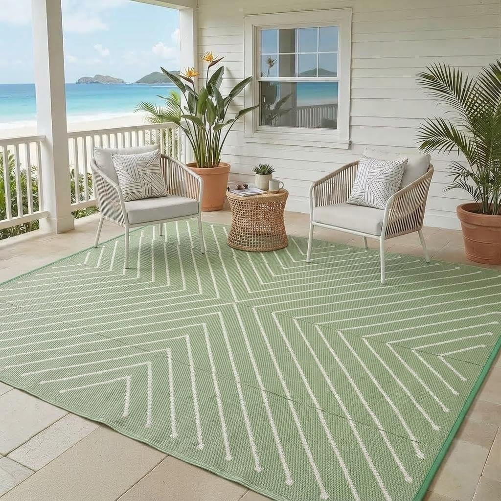 6x9 Green White Striped UV Protected Reversible Waterproof Outdoor Rug