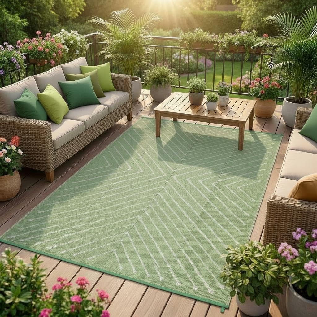 6x9 Green White Striped UV Protected Reversible Waterproof Outdoor Rug