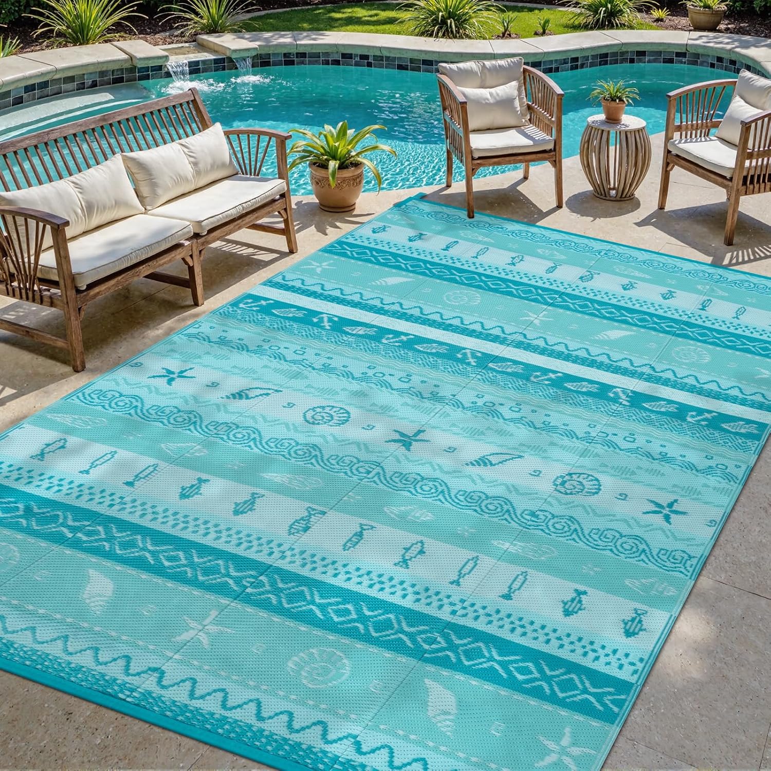 5x8 Blue Reversible Waterproof Outdoor Rug