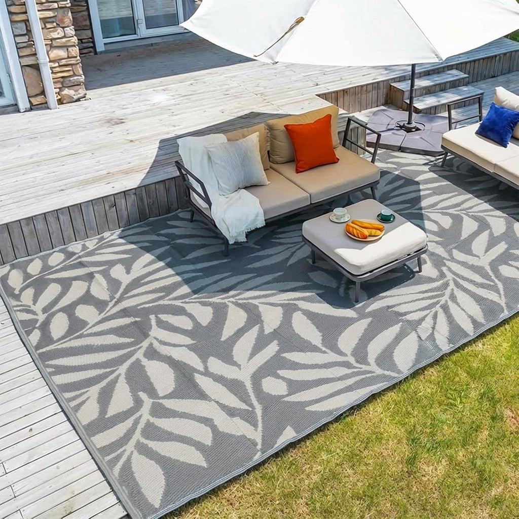 9x12 Grey Big Leaf Reversible Waterproof Plastic Outdoor Patio Rug
