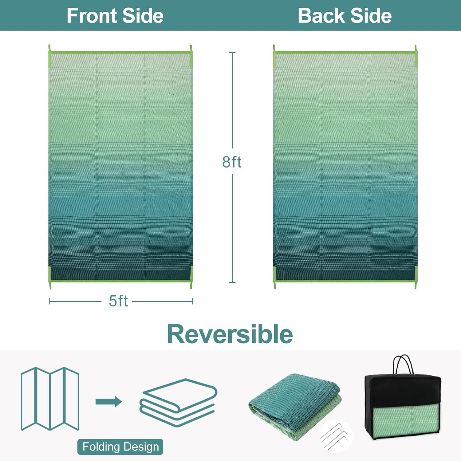5x8 Blue-Green Reversible Waterproof Plastic Straw Outdoor Rug
