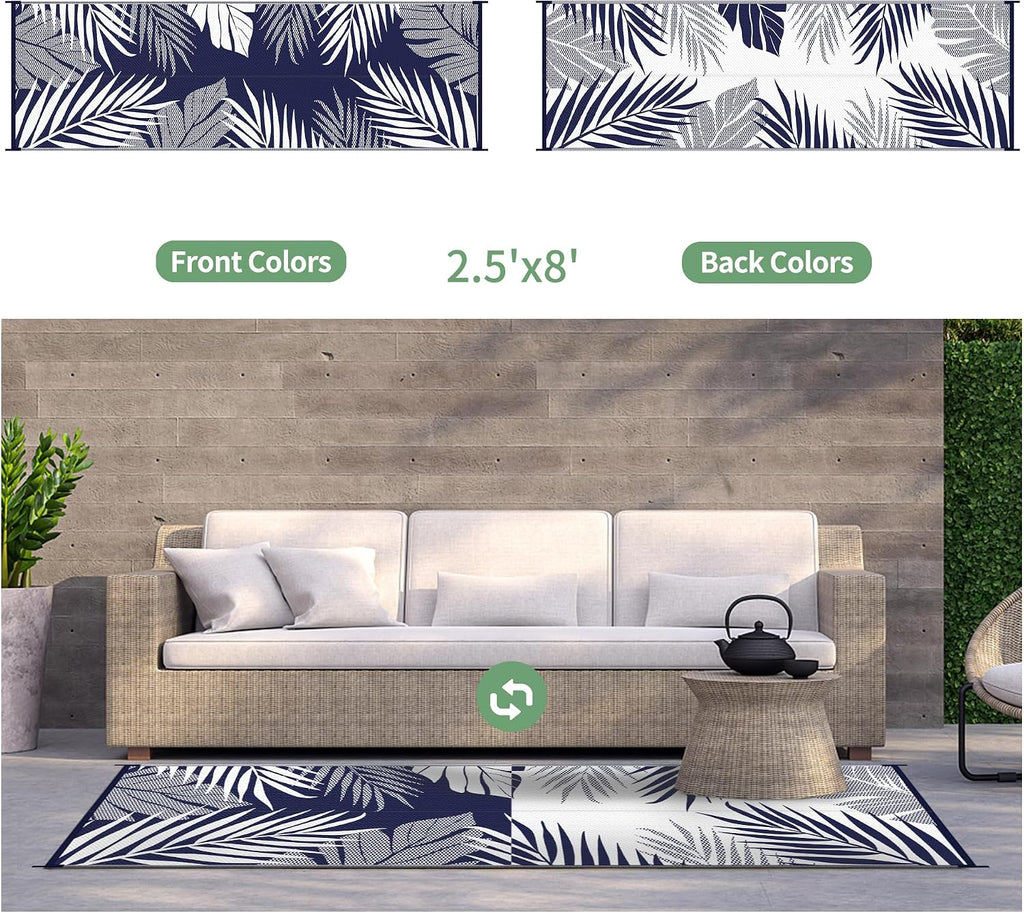 2.5'x8' Navy Leaf Reversible Waterproof Outdoor Runner Rug