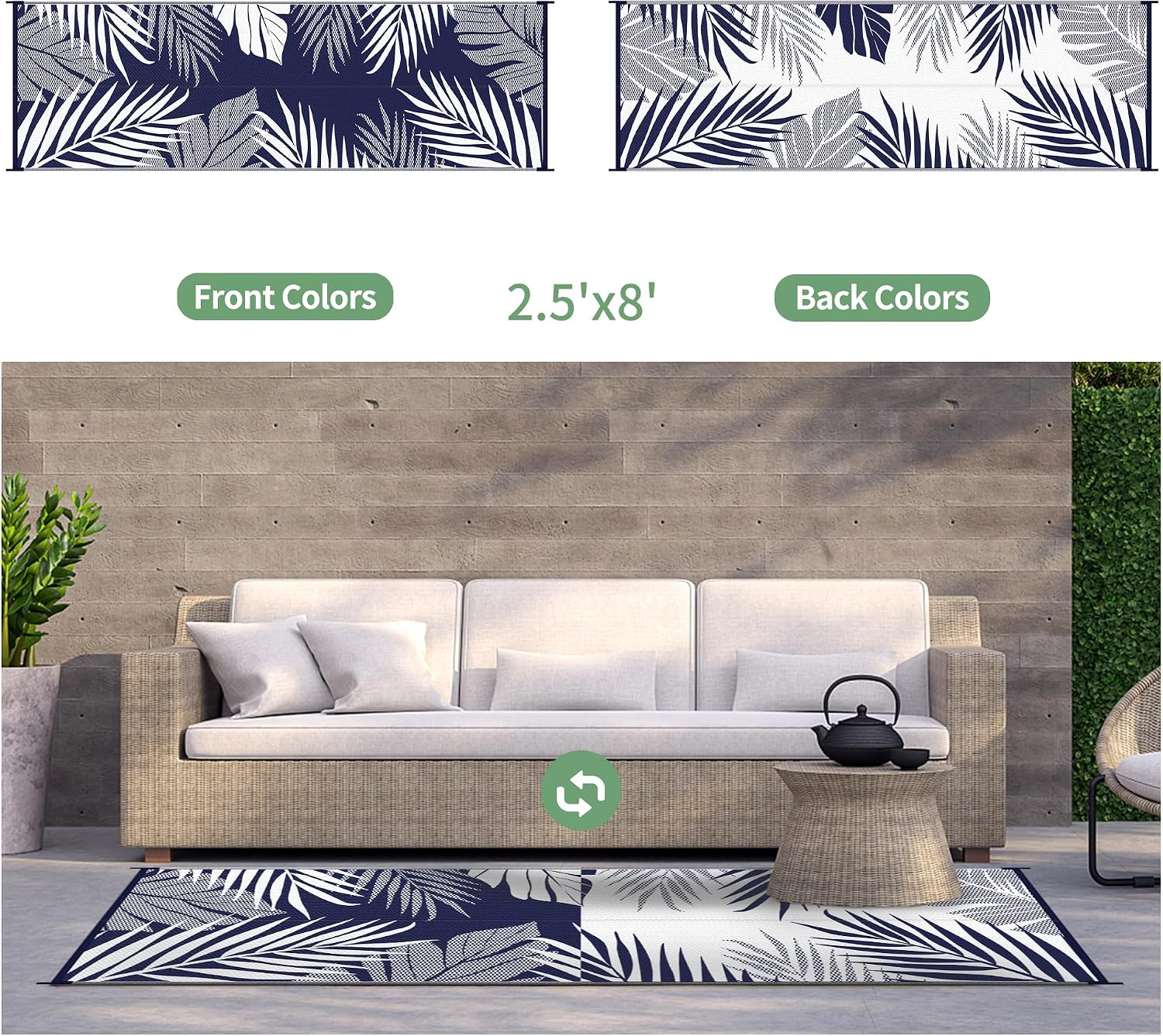 2.5'x8' Navy Leaf Reversible Waterproof Outdoor Runner Rug