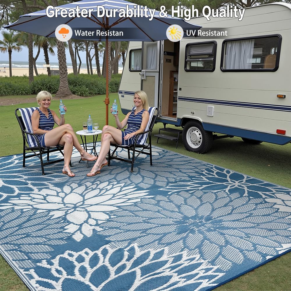 Blue Floral Waterproof Outdoor Rug