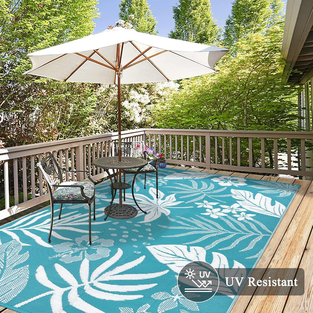 Teal Floral Waterproof Outdoor Rug