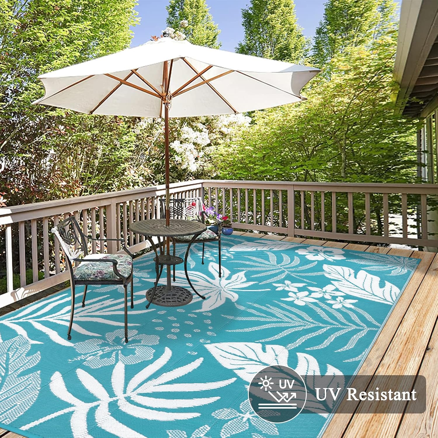 Teal Floral Waterproof Outdoor Rug