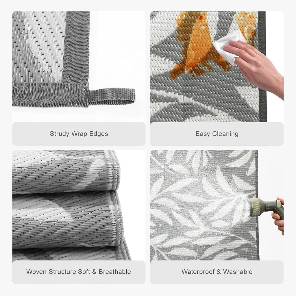 9x12 Grey Big Leaf Reversible Waterproof Plastic Outdoor Patio Rug