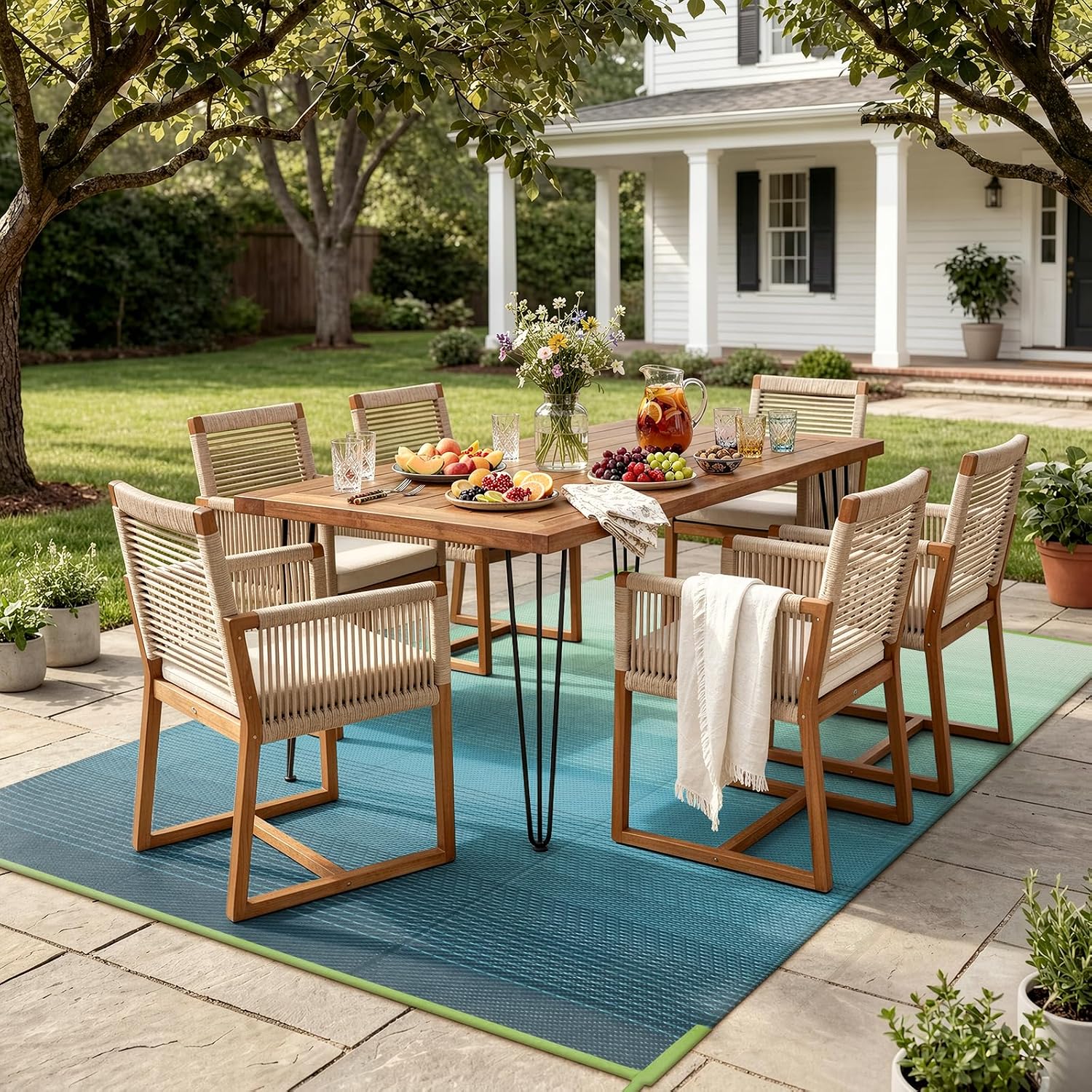 5x8 Blue-Green Reversible Waterproof Plastic Straw Outdoor Rug