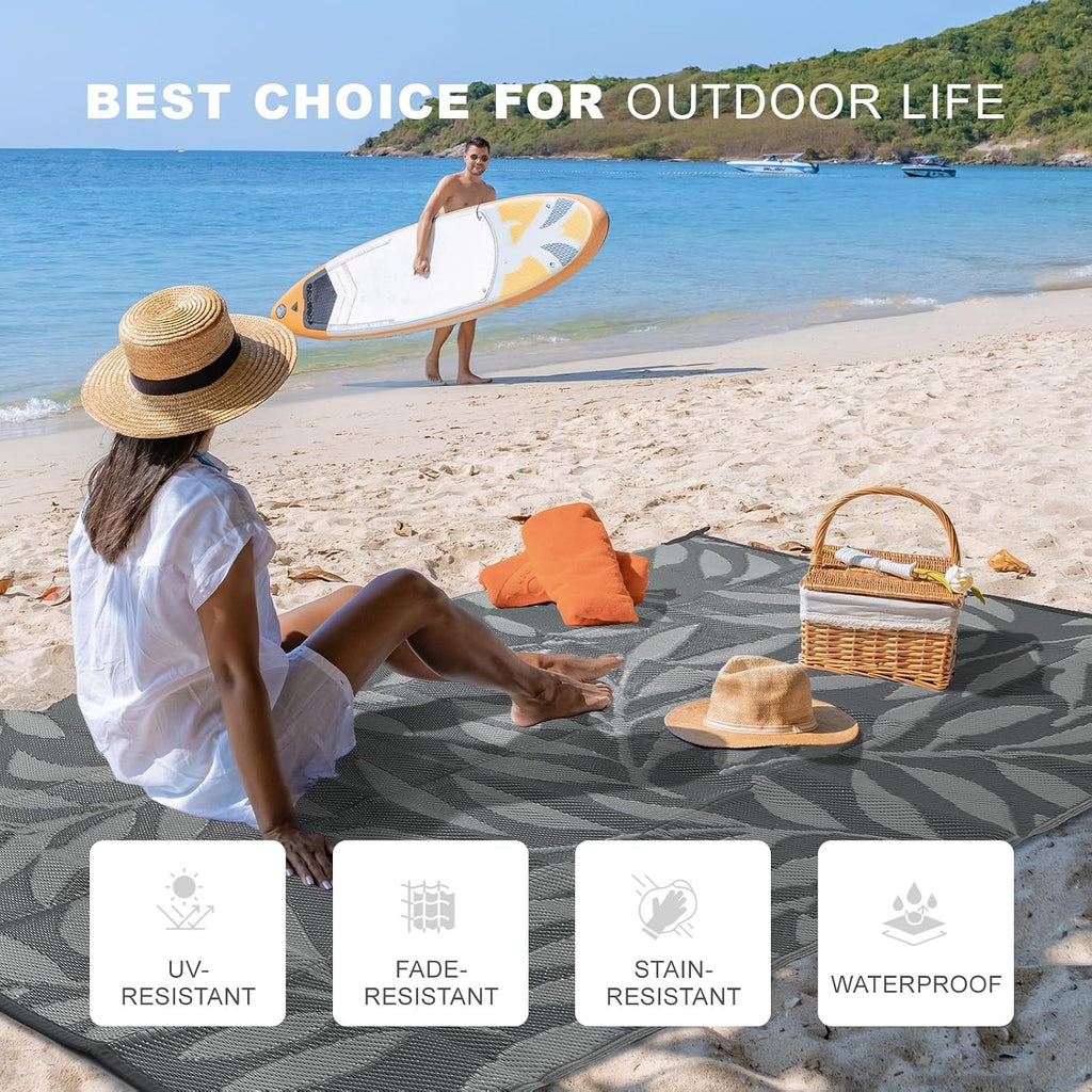 9x12 Grey Big Leaf Reversible Waterproof Plastic Outdoor Patio Rug