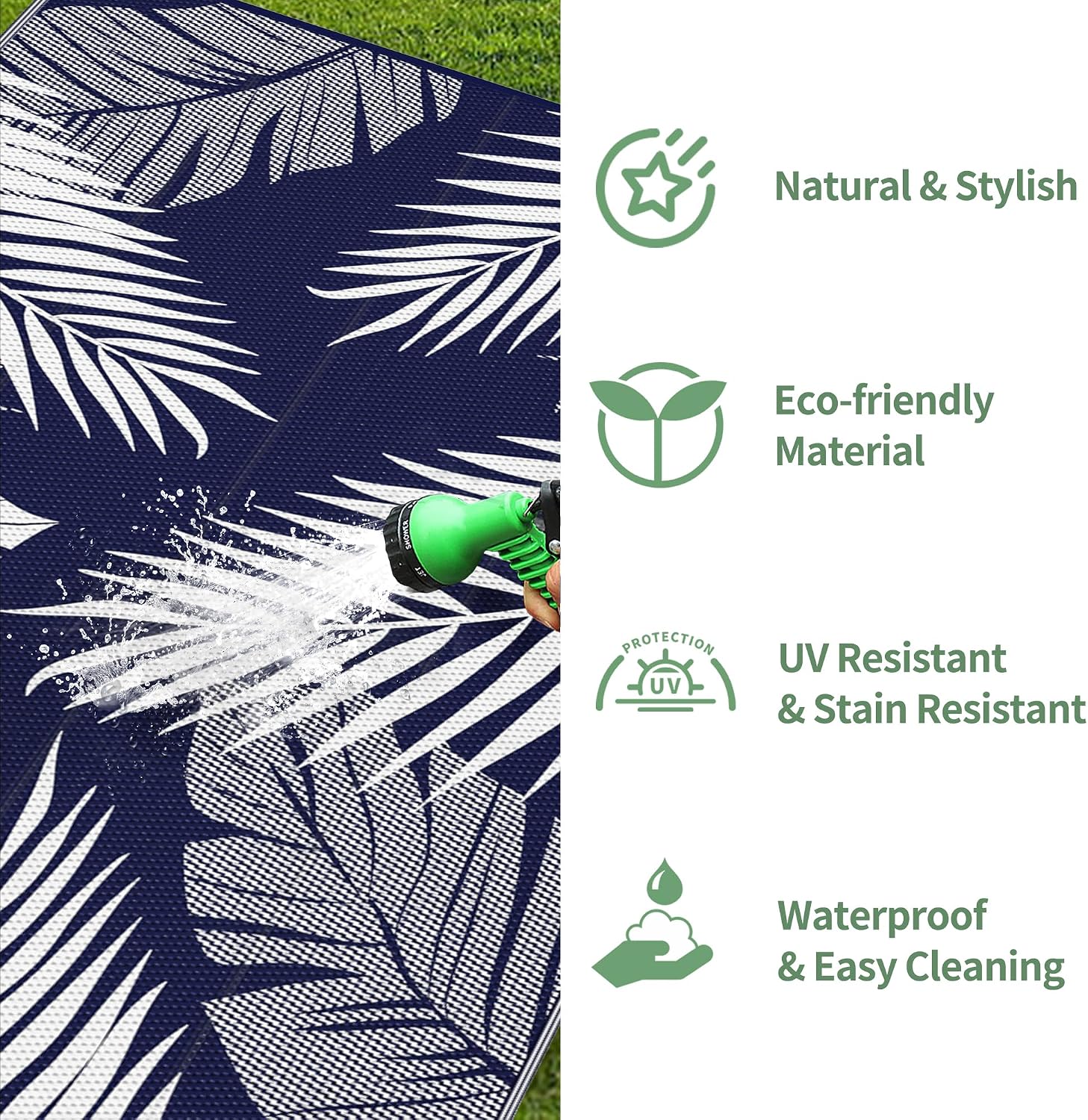 2.5'x8' Navy Leaf Reversible Waterproof Outdoor Runner Rug