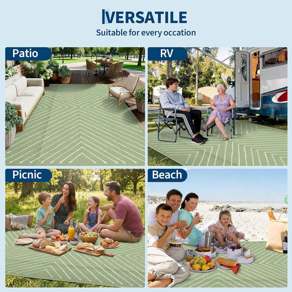 6x9 Green White Striped UV Protected Reversible Waterproof Outdoor Rug