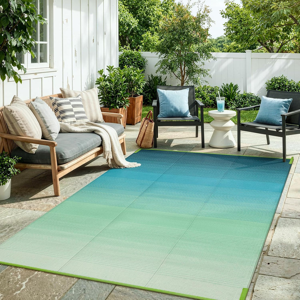 5x8 Blue-Green Reversible Waterproof Plastic Straw Outdoor Rug