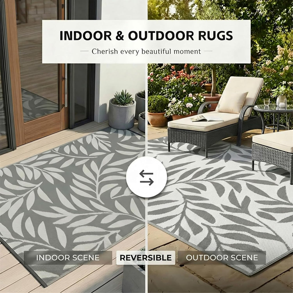9x12 Grey Big Leaf Reversible Waterproof Plastic Outdoor Patio Rug