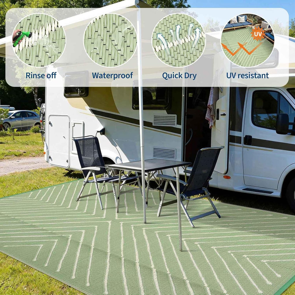 6x9 Green White Striped UV Protected Reversible Waterproof Outdoor Rug