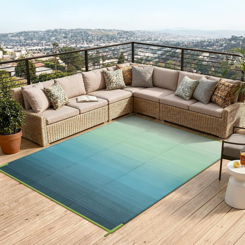 5x8 Blue-Green Reversible Waterproof Plastic Straw Outdoor Rug