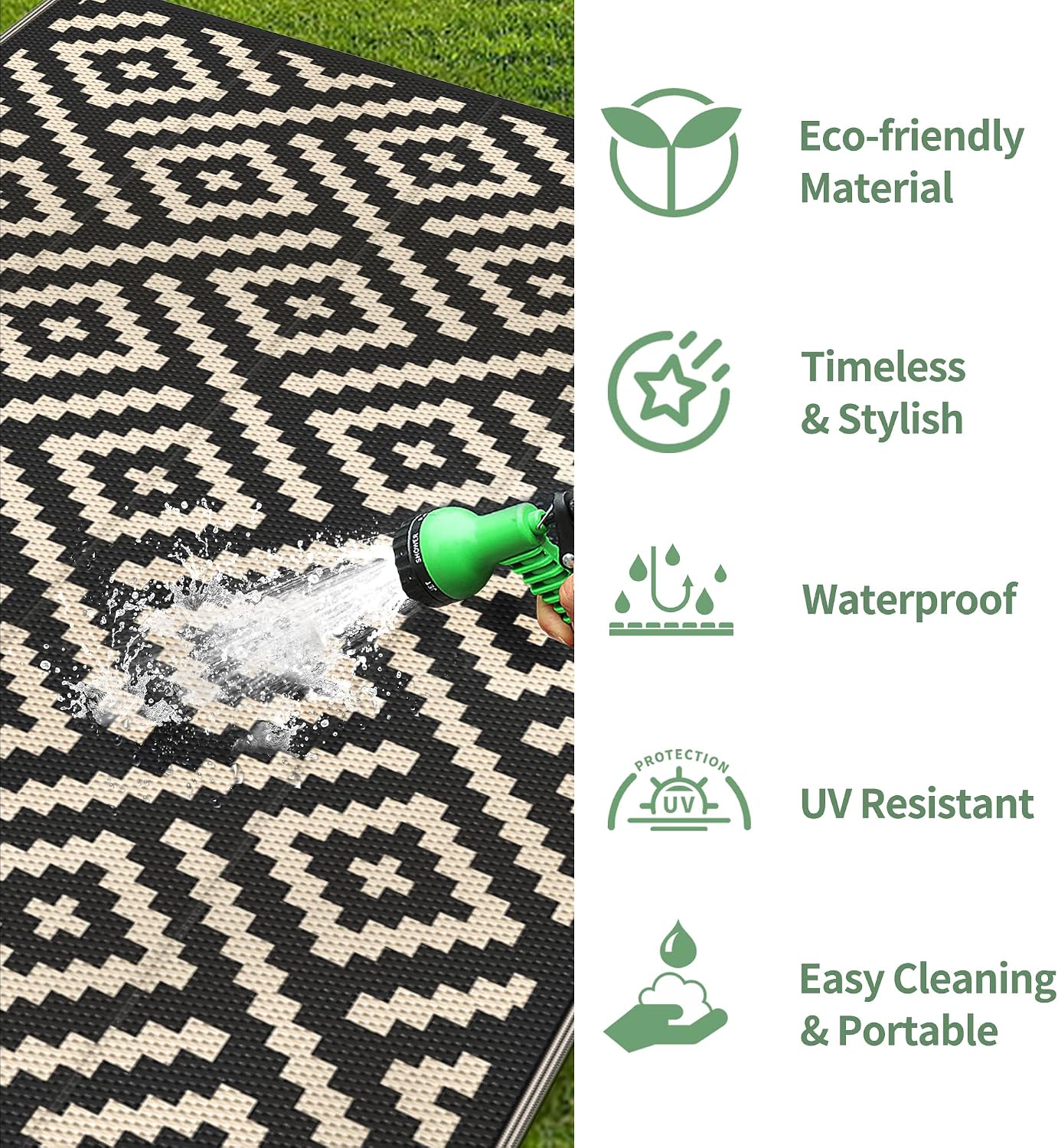6'x9' Black Beige Reversible Waterproof Patio Outdoor Rug