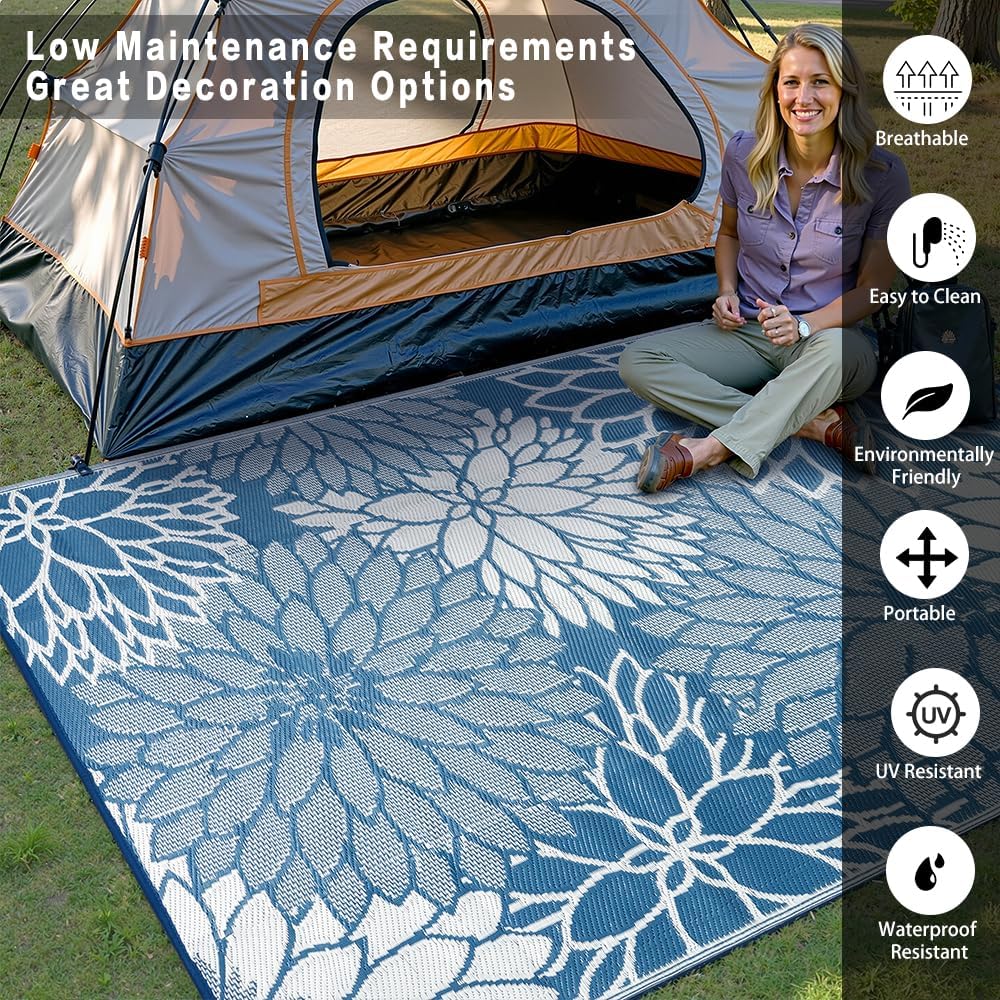 Blue Floral Waterproof Outdoor Rug