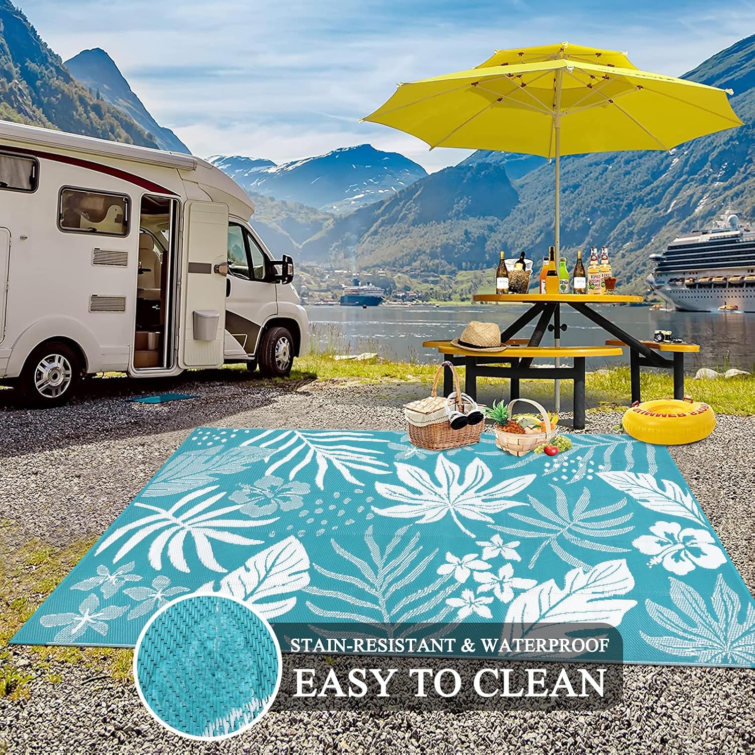 Teal Floral Waterproof Outdoor Rug