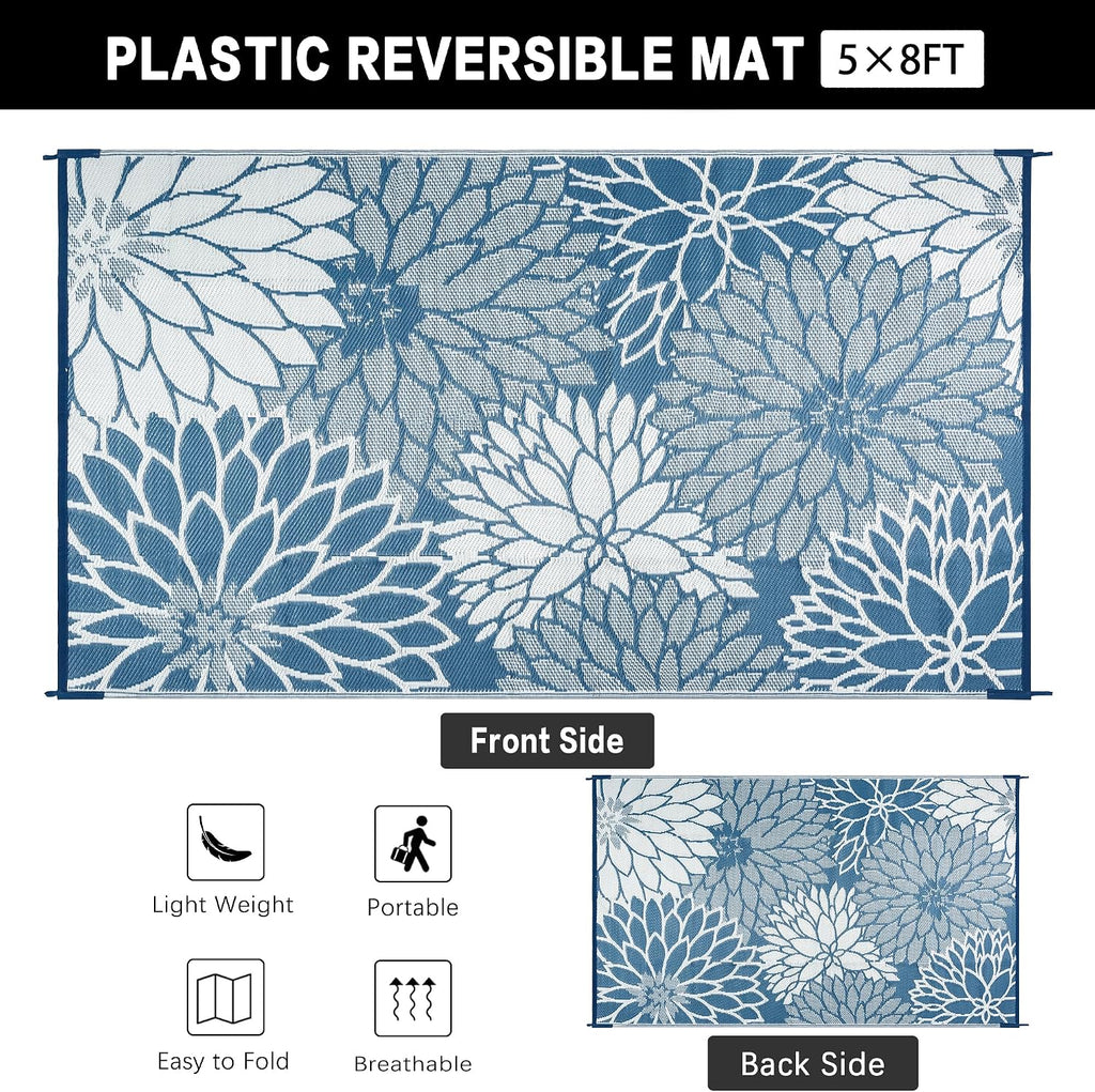Blue Floral Waterproof Outdoor Rug