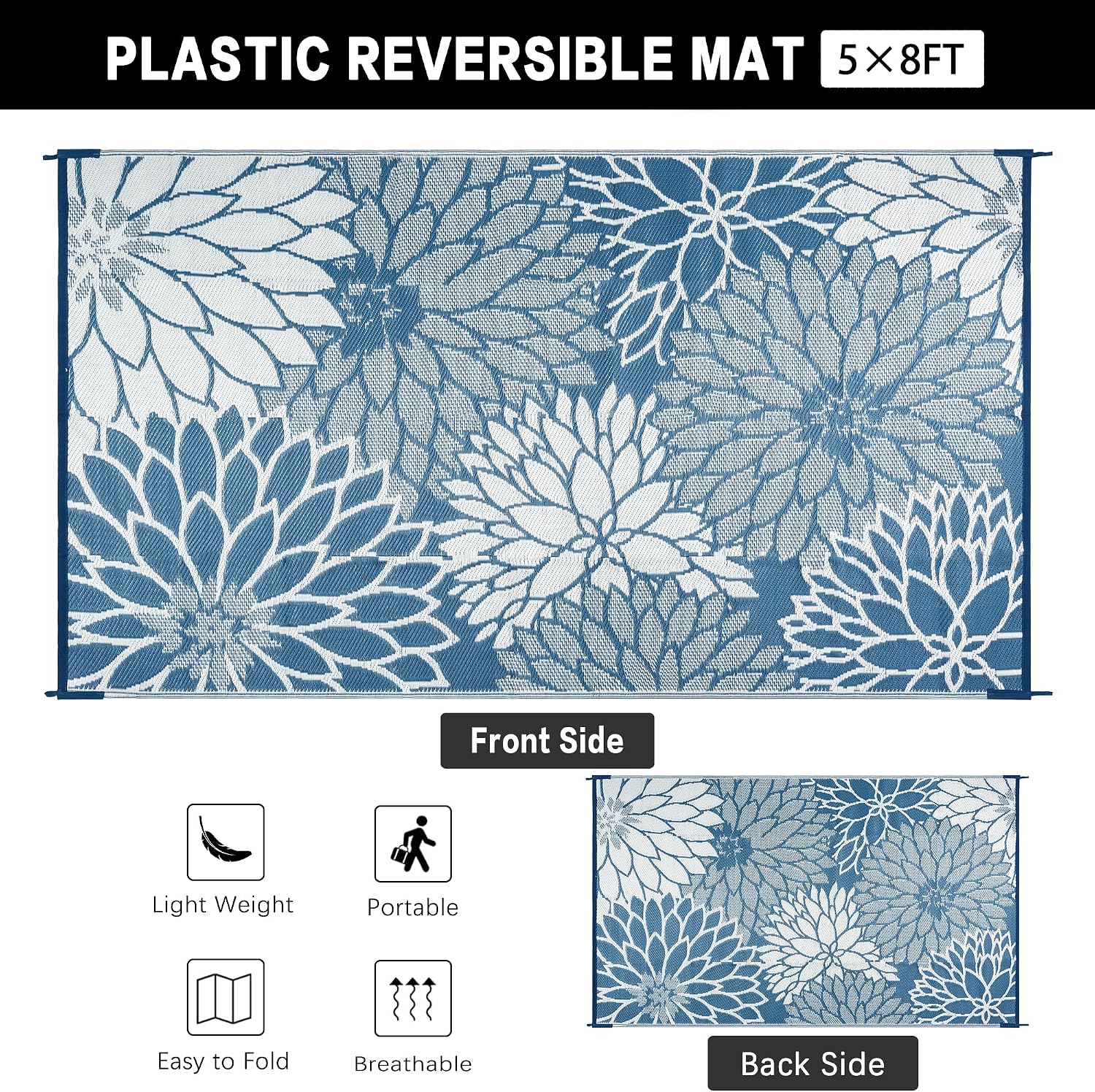 Blue Floral Waterproof Outdoor Rug