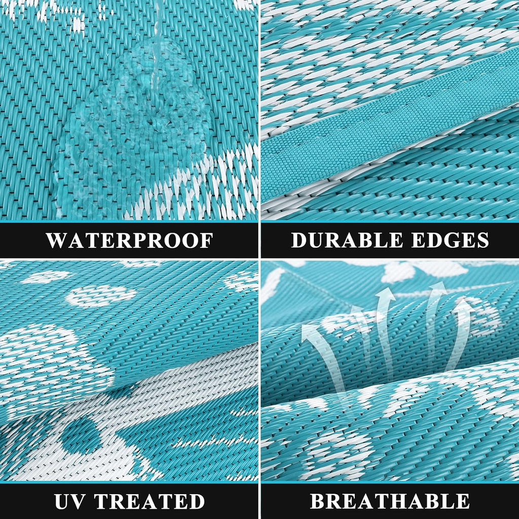 Teal Floral Waterproof Outdoor Rug