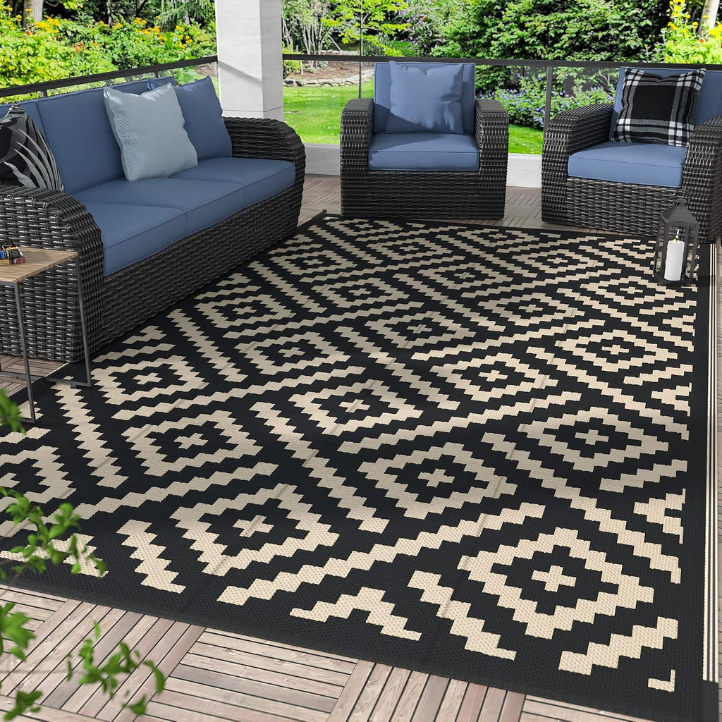 6'x9' Black Beige Reversible Waterproof Patio Outdoor Rug