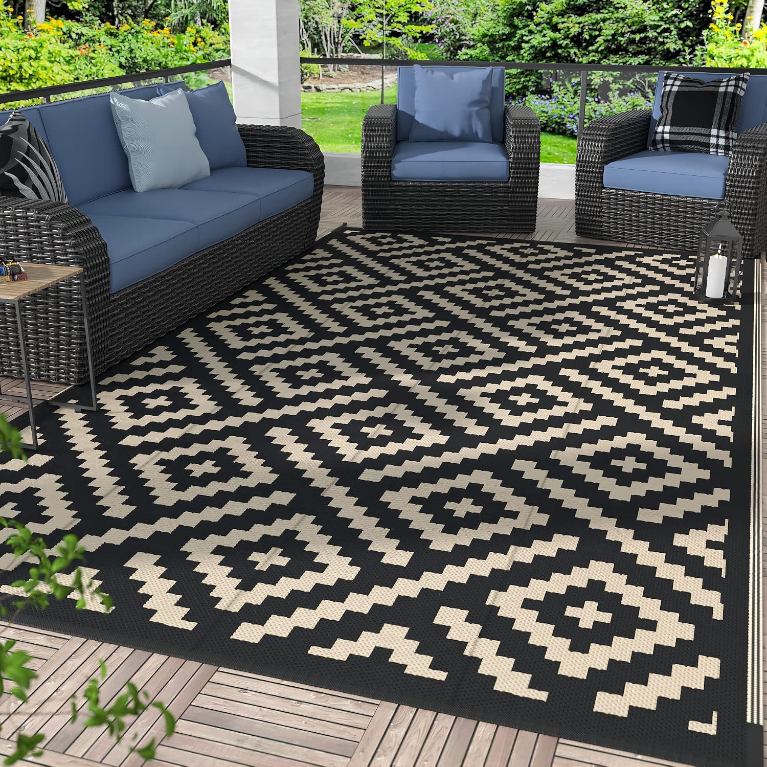 6'x9' Black Beige Reversible Waterproof Patio Outdoor Rug