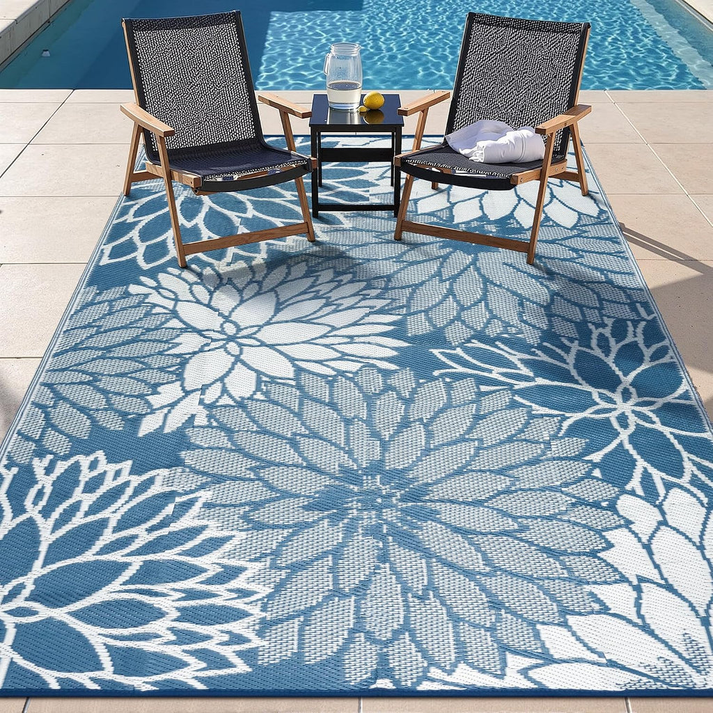 Blue Floral Waterproof Outdoor Rug