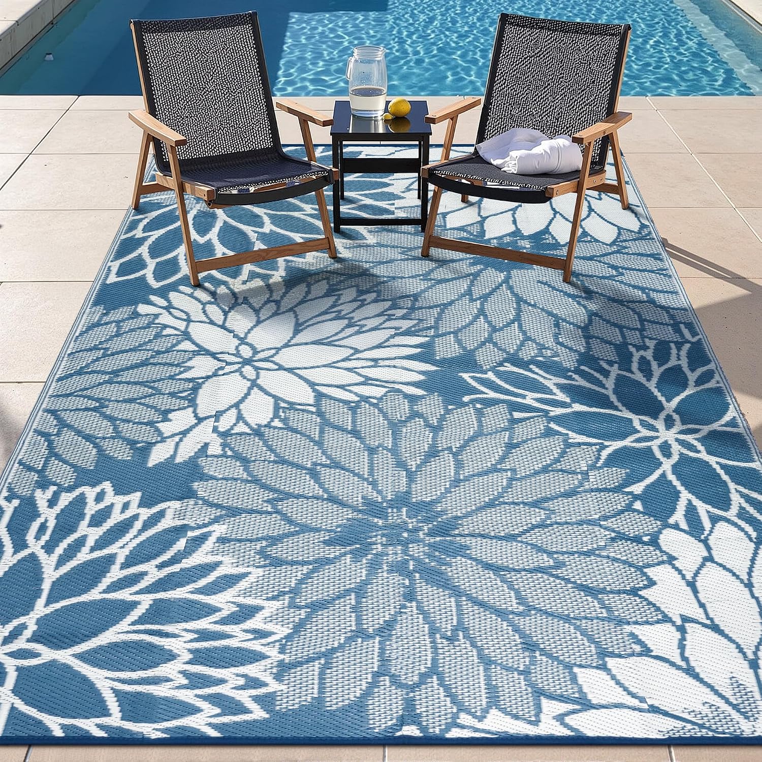 Blue Floral Waterproof Outdoor Rug