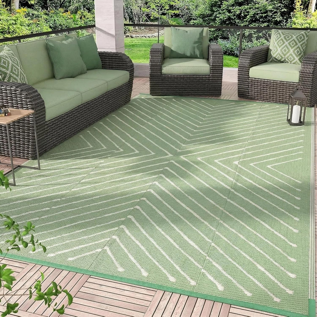 6x9 Green White Striped UV Protected Reversible Waterproof Outdoor Rug