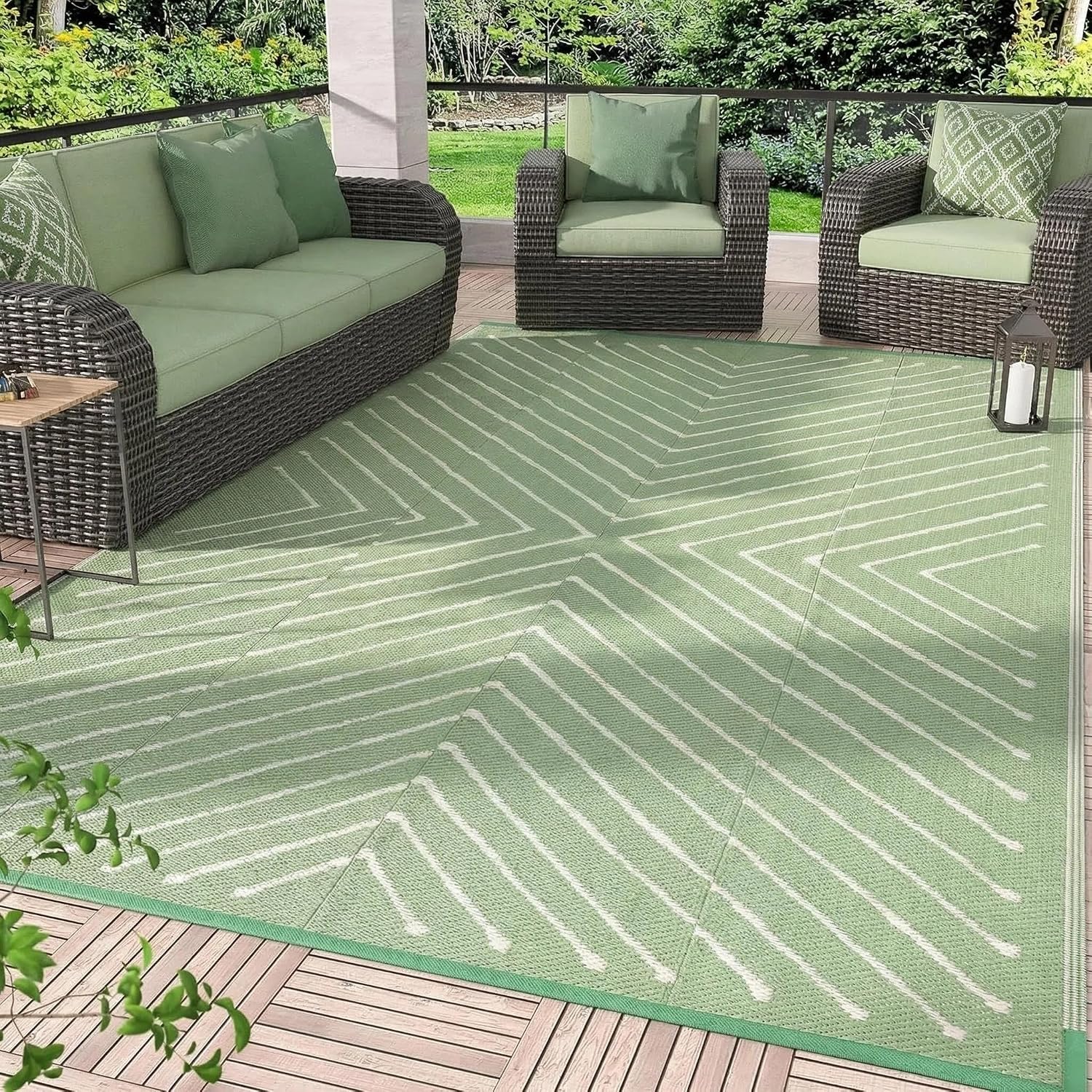6x9 Green White Striped UV Protected Reversible Waterproof Outdoor Rug