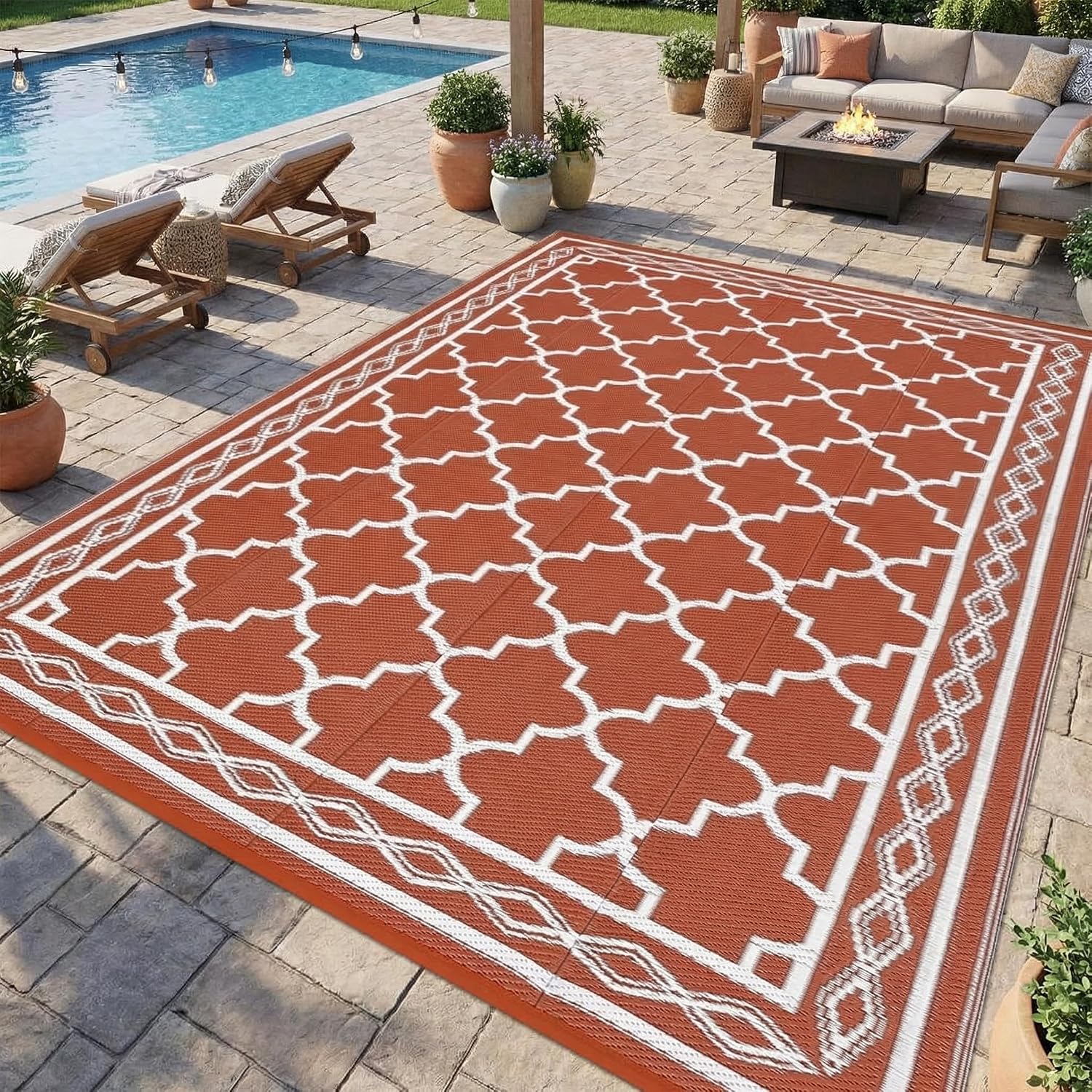 10x14 Orange White Reversible Waterproof Plastic Straw Outdoor Rug