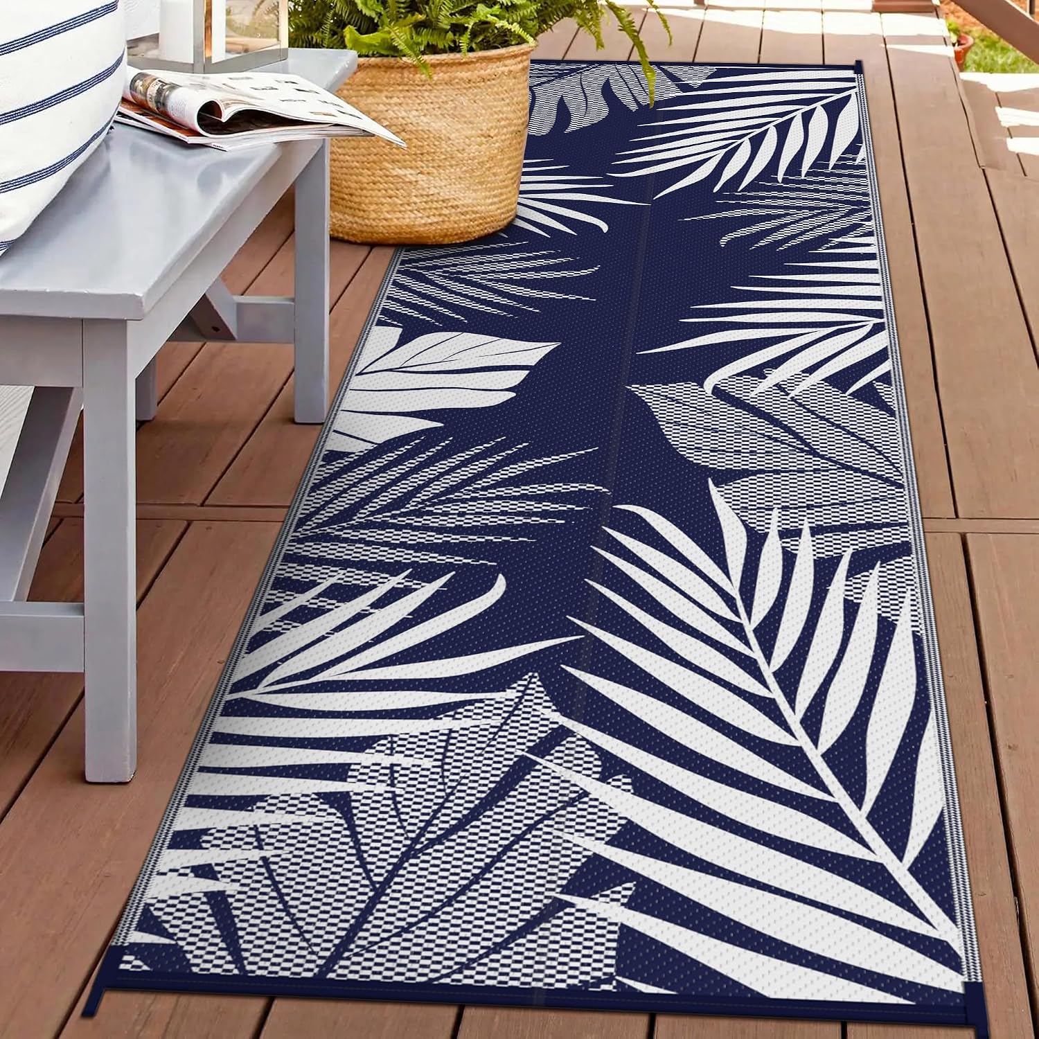 2.5'x8' Navy Leaf Reversible Waterproof Outdoor Runner Rug