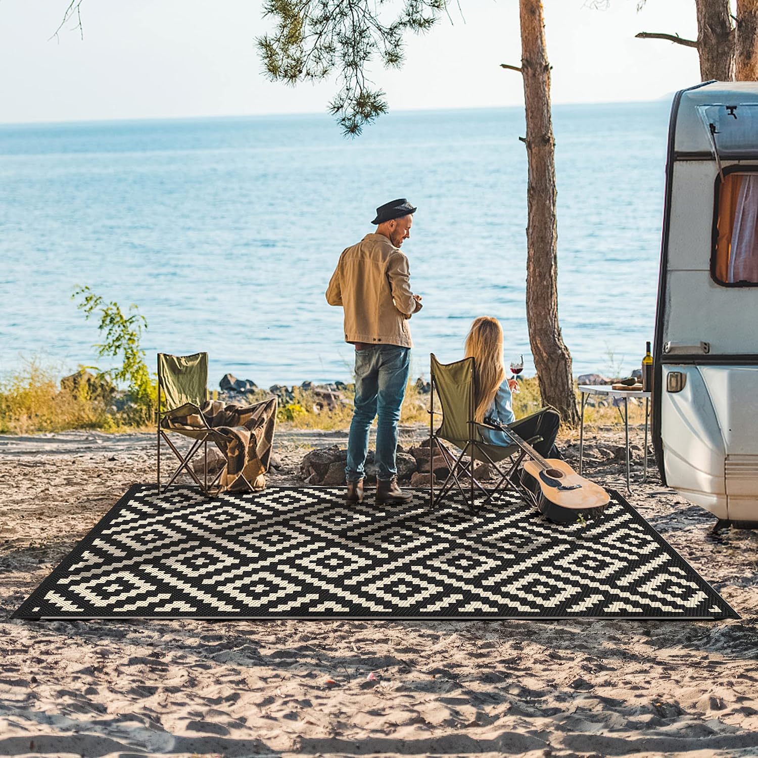 6'x9' Black Beige Reversible Waterproof Patio Outdoor Rug