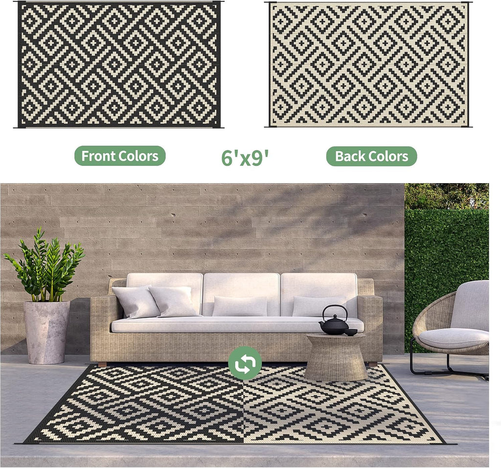 6'x9' Black Beige Reversible Waterproof Patio Outdoor Rug