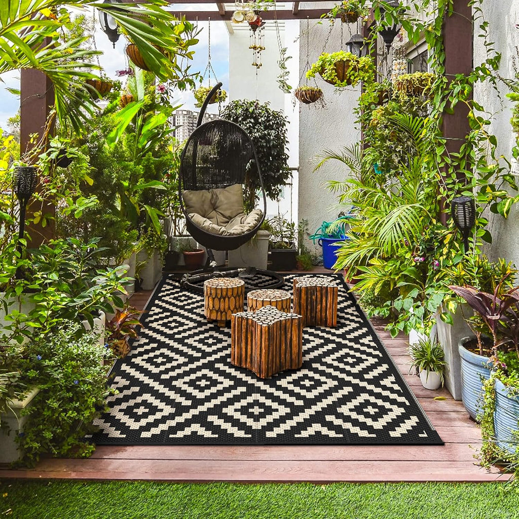 6'x9' Black Beige Reversible Waterproof Patio Outdoor Rug