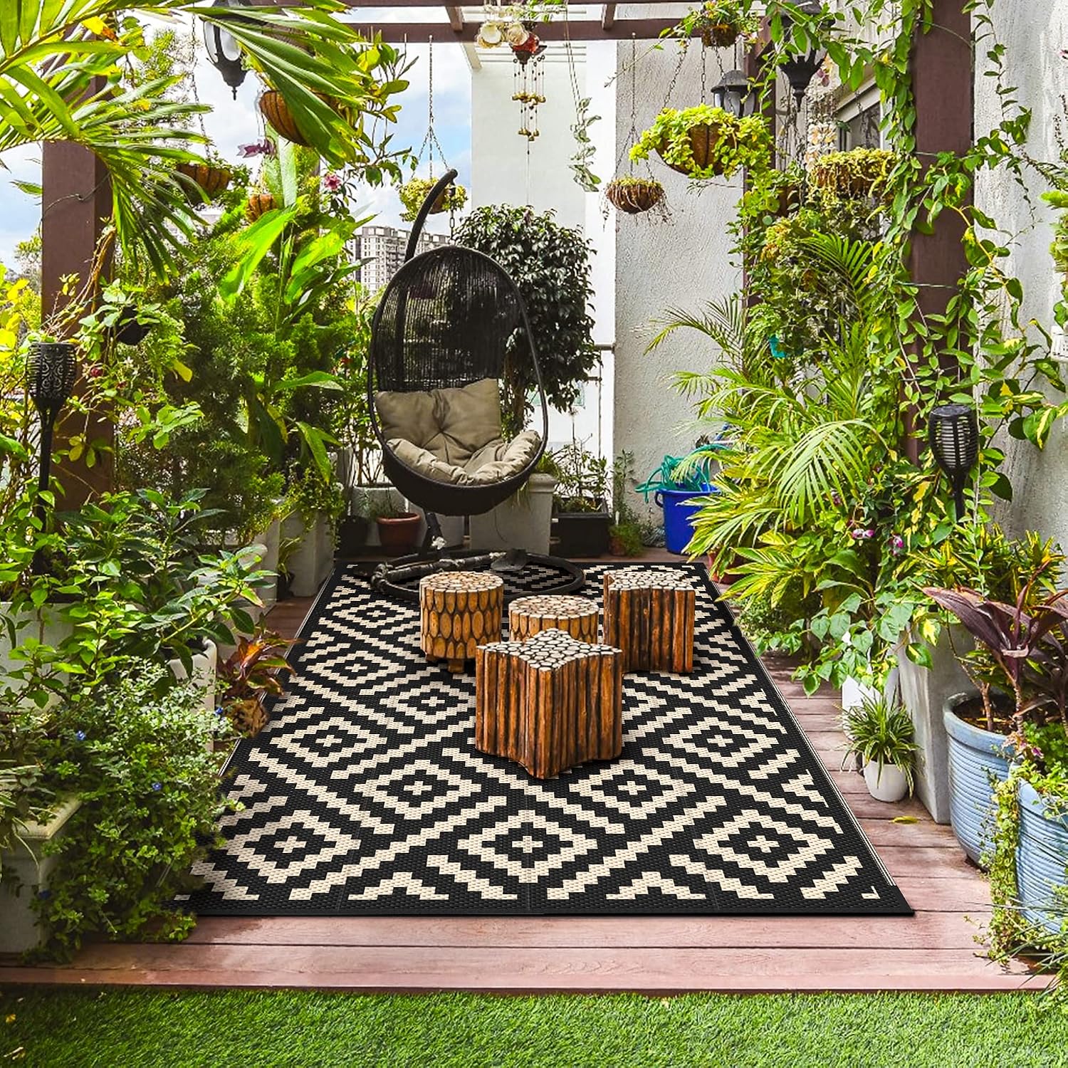6'x9' Black Beige Reversible Waterproof Patio Outdoor Rug