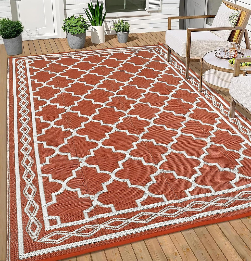 10x14 Orange White Reversible Waterproof Plastic Straw Outdoor Rug