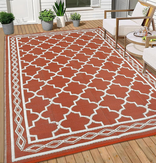 10x14 Orange White Reversible Waterproof Plastic Straw Outdoor Rug