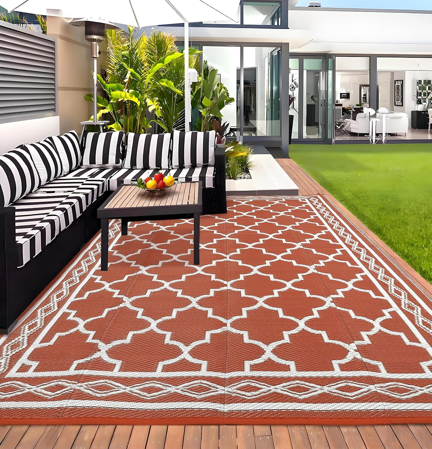 10x14 Orange White Reversible Waterproof Plastic Straw Outdoor Rug