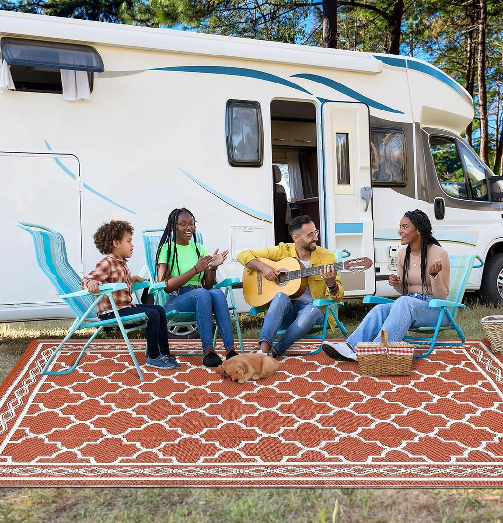 10x14 Orange White Reversible Waterproof Plastic Straw Outdoor Rug