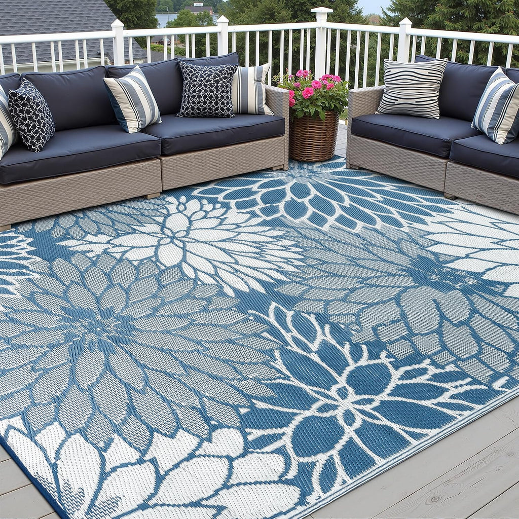 Blue Floral Waterproof Outdoor Rug