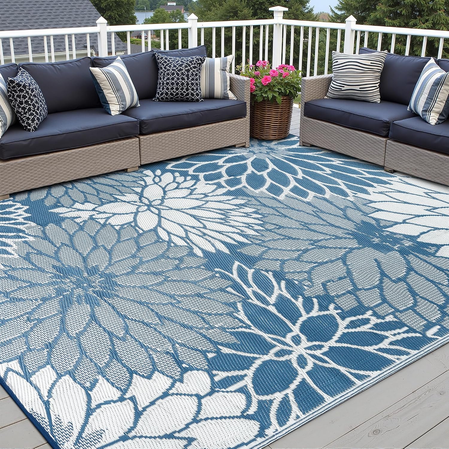 Blue Floral Waterproof Outdoor Rug